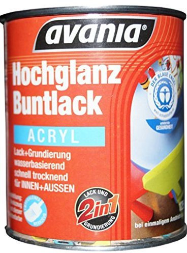 Avania Hochglanz Buntlack/Acryllack/sonnengelb / 750 ml / 2 in 1 Lack u. Grundierung/Malerqualität für Holz, Putz,Beton, Mauerwerk, Kunststoff,Eisen, Stahl, Metall,Zink, Aluminium, Kupfer