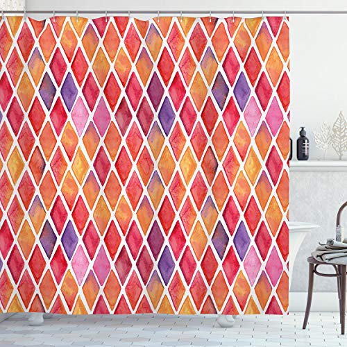ABAKUHAUS Abstrakt Duschvorhang, Diamant-Formen Mosaik, Stoffliches Gewebe Badezimmerdekorationsset mit Haken, 175 x 200 cm, Lila Rosa
