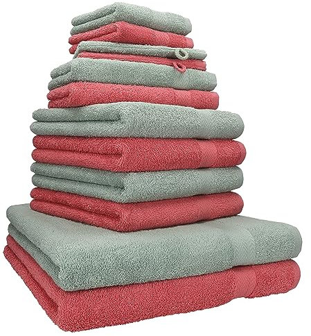 Betz 12-TLG. Handtuch Set Premium 100% Baumwolle 2 Duschtücher 4 Handtücher 2 Gästetücher 2 Seiftücher 2 Waschhandschuhe Farbe Himbeere/heugrün