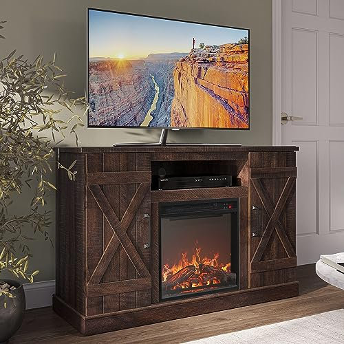 BELLEZE Industrial 47 Inch Rustic Electric Fireplace TV Stand & Media Entertainment Center Console Table for TVs up to 50 Inch with Open Storage Shelves & Cabinets - Veropeso (Espresso)