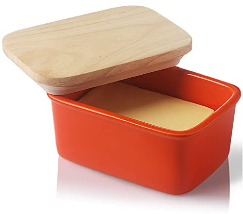 Sweejar Home Porcelain Butter Dish with Lid, Airtight Large Butter Keeper with Wooden Lid, Butter Container Perfect for 2 Sticks of Butter West or East Coast Butter (Orange)