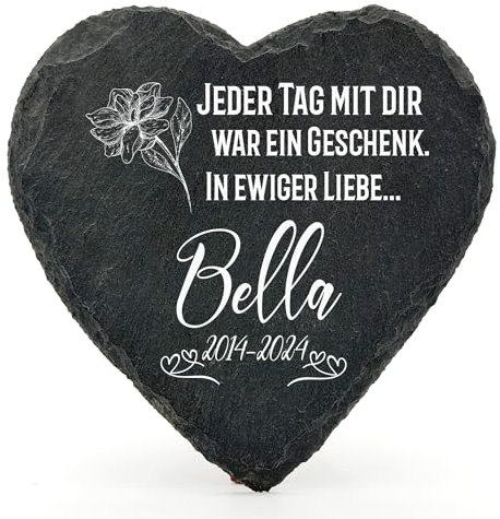 Individueller Personalisiert Herzform Tiergrabstein Schiefer Gedenkstein für Hund, Katze und andere Haustiere Tiere - Größe | 10 x 10 cm | - Blumen