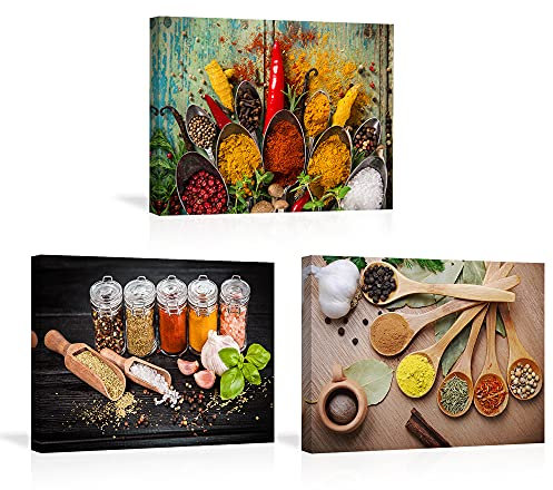 Piy Painting 3X Tableau Peinture Sur Toile Épices et Cuillères Giclée Artistique Photographie Tirage Photo d'art Moderne Impression sur Toile Pour la Décoration de Cuisine, Restaurant 30x40cm