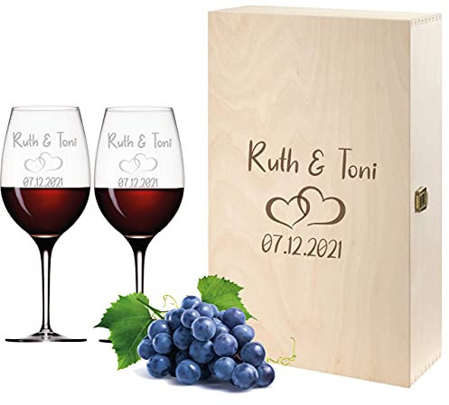 FORYOU24 Leonardo Weingläser mit Gravur von Namen & Datum in Vintage Weinkiste Paar - Geschenk zur Hochzeit, Jahrestag oder Verlobung