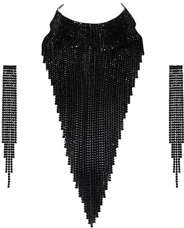 EVER FAITH Quaste Schmuckset Funkelnder Strass Kostüm Statement Schmuck klobiger Kragen Halskette, langes Kronleuchter Ohrring Set Schwarz