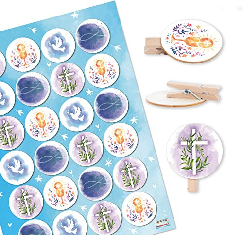 Logbuch-Verlag 48 Holzklammern mit Sticker christliche Symbole Kreuz Fisch blau Tischdeko für Taufe Kommunion Firmung 4 cm