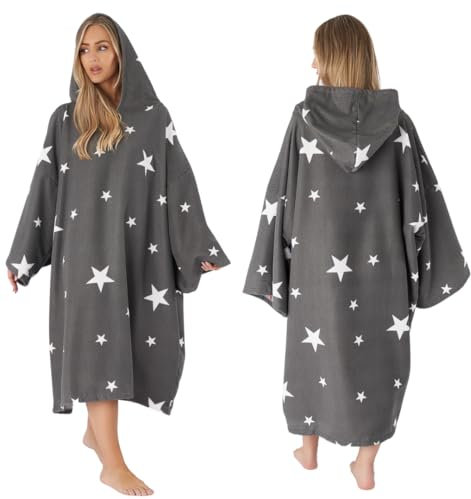 Dreamscene Star Handtuch Poncho Erwachsene – Saugfähiges Handtuchkleid, Badeponcho Erwachsene, übergroß und schnell trocknend – Surf Poncho Grau Einheitsgröße