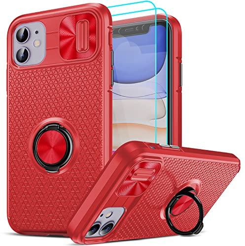 LeYi Funda para iPhone 11 (2019) 6,1, Silicona Carcasa con 2pcs Cristal Templado, Tapa para Cámara Deslizante Protección 360 Metálica Anillo Soporte Antigolpes PC TPU Bumper Case, Rojo