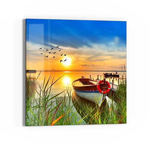 DEQORI Glasbild Echtglas | Motiv Boot am Steg auf Madeira | quadratisch einteilig 50x50 cm | schöne Dekoration | Wandbild für Wohnzimmer, Schlafzimmer, Flur & Küche | moderne Wanddeko