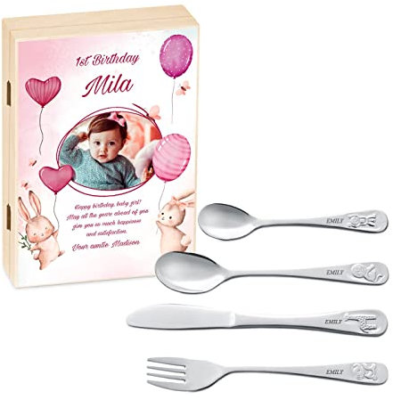 Maverton Kids Silverware in a Wooden Box – Personalised Animals Cutlery Set – Stainless Steel Engraved Utensil Set – for Girls - Wonderland