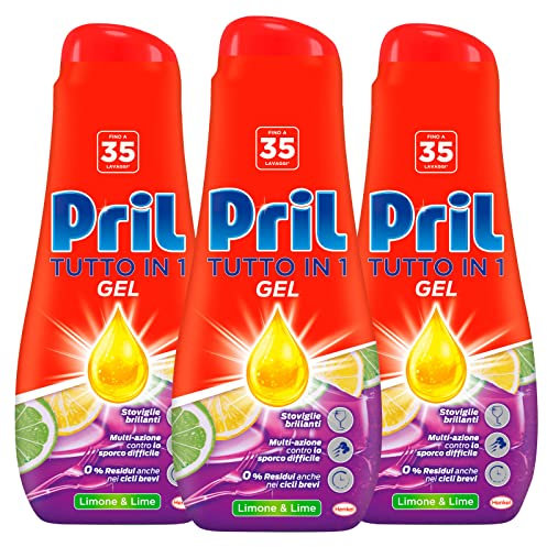 Pril Gel Tutto In 1 Multifunzione 8 Azioni per Lavastoviglie Contro lo Sporco Stoviglie Brillanti a Cicli Brevi Fragranza Limone e Lime - 3 Flaconi da 630ml