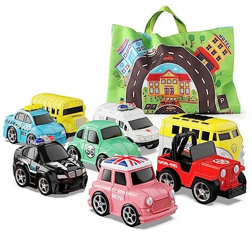 HONGTUO Kleinkind Auto Spielzeug und Spielmatte Aufbewahrungstasche (8 Sets) Stadtfahrzeug Spielzeug Geburtstagsgeschenke für Kleinkind Spielzeug Alter 1-3