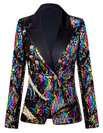 CARFFIV Damen Mode Zweireihige Bankett Party Urlaub Pailletten Langarm Jacken,Multicolour,S