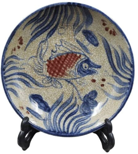 XIALON Plato chino antiguo Yuan azul blanco porcelana rojo esmaltado pescado patrón plato 18 cm