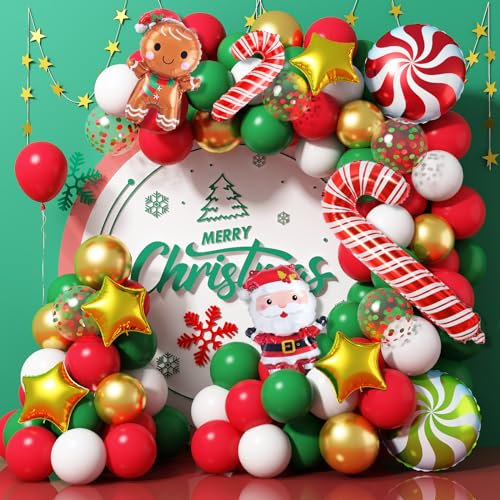 Weihnachtsdeko Luftballons Girlande mit Lebkuchenmann Folienballons, 99 St Rot Grün Gold Weihnachten Ballon Girlande mit Zuckerstangen Süssigkeit Weihnachtsmann Stern Ballons für Weihnachts Party Deko