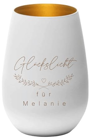 Windlicht Glückslicht mit Wunschtext - Teelichthalter, Geschenkidee, Geburtstag, Weihnachten, Familie, Partner, weiß Gold