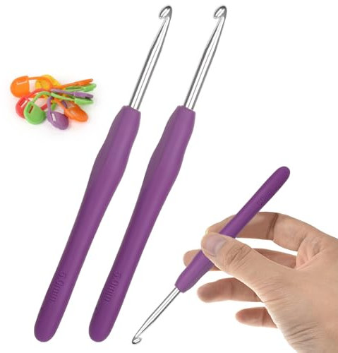 Aeeque 5,0 mm, Häkelnadel, 2 Stücke Häkelnadel Set mit Zubehör, Aluminium Häkelnadeln mit Gummigriff, Weich TPR Häkelnadeln für Arthritis, Bunt Häkelnadel Metal zum Häkeln Schal, Pullover, Mützen