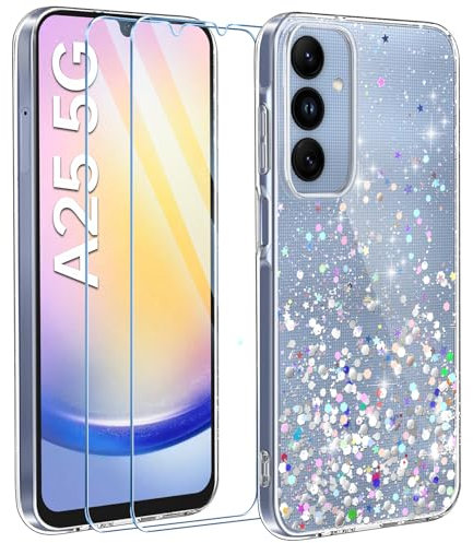 ivencase Paillettes Coque Compatible avec Samsung Galaxy avec 2 Verres Trempés Protection écran, Étui Souple Silicone TPU Glitter Housse Coque pour Samsung, Transparent (Transparent, Samsung A25)