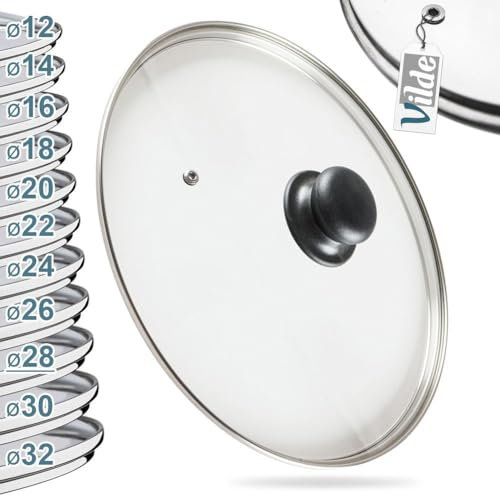 Vilde Glasdeckel mit Edelstahlring für Topf und Pfanne | Ø (28 cm) 14, 16, 18, 20, 22, 24, 26, 28, 30cm | 200°C hitzebeständiges Glas | Pfannendeckel Topfdeckel Universaldeckel
