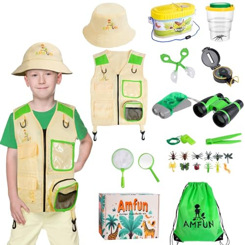 AMFUN Kit de Exploración para Niños 25 en 1, Sombrero de Safari y prismáticos para niños, con Chaleco de Safari, Equipo de Acampada para niños con Kit de exploración de escarabajos..., Verde