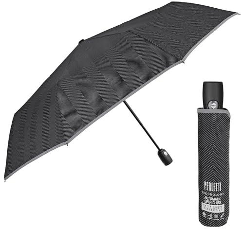 PERLETTI Reflektierender Regenschirm Herren Damen - Regen Schirm Windfest Robust Widerstandsfähig und Sturmsicher mit Glasfaser - Taschenschirm Auf Zu Automatik - Technology (Gestreift Schwarz)