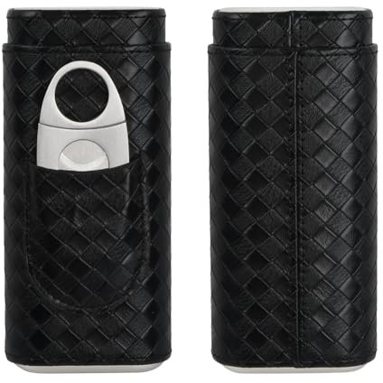 Estuche para Puros, Humidor de Cuero, Caja Humidificador Piel Cocodrilo Portátil, 3 Tubos con Cortador de Cigarros de Acero Inoxidable (Negro)