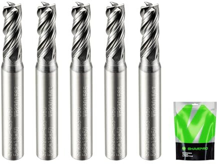 SHARPRO Carbide Square End Mill Set 4 Flute 6mm Shank 5mm Cutting Dia. AlCrN Coated Upcut Spiral CNC Milling Bit Apply for Alloy Steel, Stainless Steel, Cast Iron and Aluminum Cutting (5PCS)