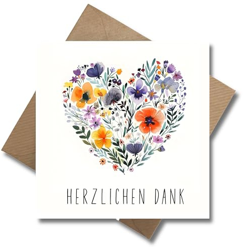WBdesignz Dankeskarte mit Umschlag - Danke Karte Herzlichen Dank mit Blumen Blumenherz - Florale Abschiedskarte Dankeschön Karte (125 x 125 mm)
