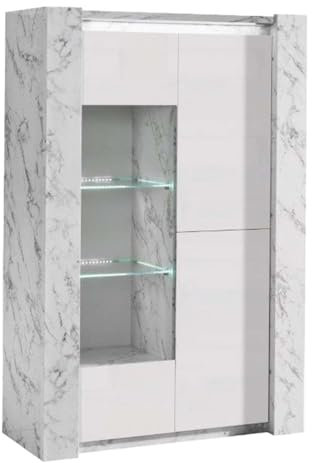 AltoBuy PRAVA - Vitrine 3 Portes Laquée Blanc et Effet Marbre avec LEDs