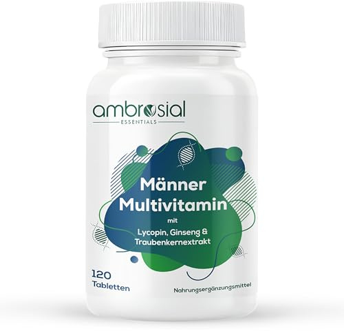 Ambrosial Multivitamin für Männer - 4 Monate Vorrat - 24 Zutaten - Mit Lycopin, Ginseng &Traubenkernextrakt - 120 Multivitamin Tabletten - Multivitamine Komplex - Essentielle Vitamine & Mineralien