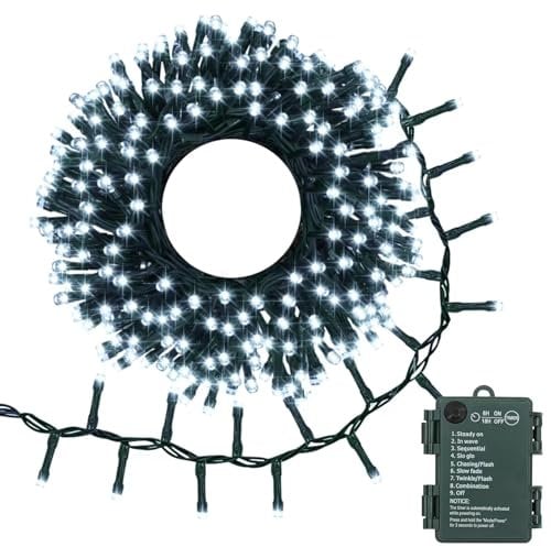 DBFAIRY Lichterkette Batteriebetrieben, 3M 200 LED Cluster Weihnachtsbeleuchtung Außen mit Auto Timer 8 Modi Wasserdicht Feuerwerkskörper Lichterkette für Garten Party Baum Dekor (Kaltweiß)