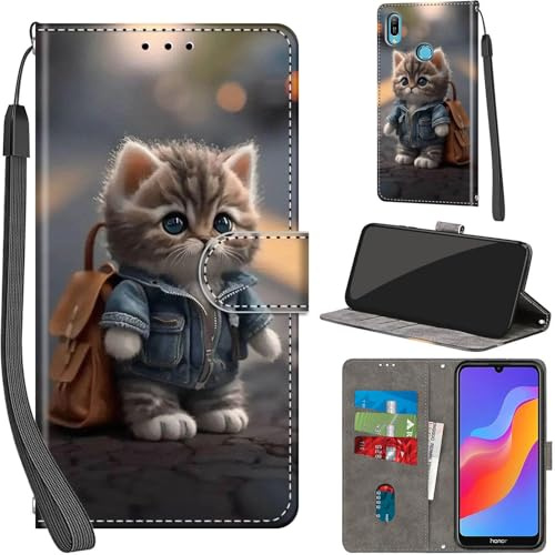 Haninsuze Cover per Huawei Y6 2019, Gatto | Pelle PU Portafoglio, Porta Carte, Magnetica, Libro, Antiurto Custodia