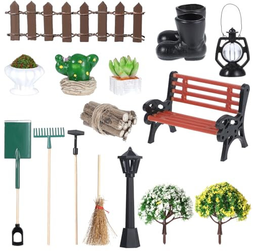 Yuanchu 16 Stück Miniatur Garten Deko Puppenhaus Zubehör,Mini Garten Möbel Deko Set Gartengeräte Mikrolandschaft Gartenbank Straßenlaterne für Puppenhaus Miniatur Garten Möbel Deko Mini Ornament
