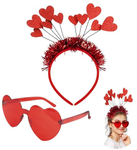 JALEVID Herzchen Haarreif Rot Pailletten, Glitter Herz Haarband mit Randlose Herz Brille, Herzhaarreif Rot Deko für Weihnachten Karneval Valentinstag Hochzeit Geburtstag Party