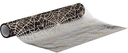 100%Mosel Halloween Tischläufer Spinnennetz, in Schwarz (28 cm x 5 m), transparentes Organza Tischband mit Metallic Druck, gruselige Tischdeko für Wednesday Party und Geburtstage