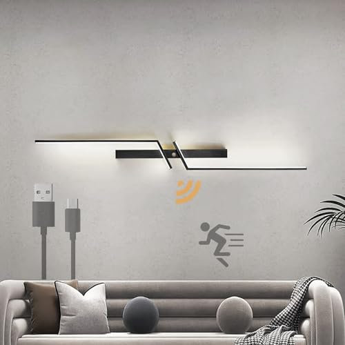 Akku Wandleuchte Innen USB-C Wiederaufladbare mit Bewegungsmelder LED Wandlampe Kabellose Wandlicht Lampen Batterie 2000mAh Wandbeleuchtung für Wohnzimmer Schlafzimmer (Schwarz Weißes Licht,100CM)