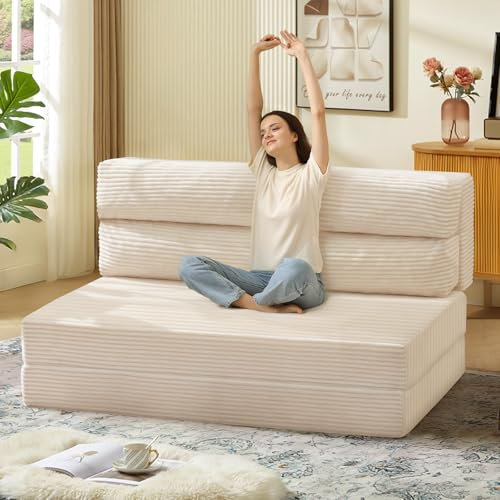 JUIKURY Sofá cama plegable, silla convertible con colchón plegable, sofá de dos plazas 2 en 1, sofá plegable portátil, cómodo sofá de piso para sala de estar, dormitorio, beige, tamaño matrimonial