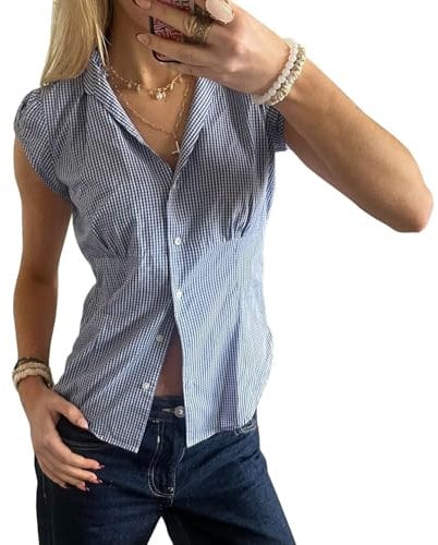 starkit Women's Summer Retro Button Up Plaid Shirts Short Sleeve V Neck Slim Fit Y2k Tops Blouses E Girls Streetwear (Blue, S)