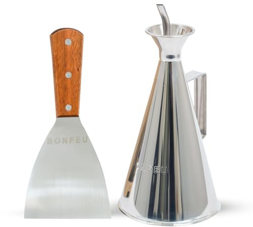 BonFeu Ölkanne und Grillspachtel Set - Ölflasche aus Edelstahl mit Holzgriff Grill Spachtel - Ölkanne Olivenöl - BBQ Grillzubehör Set