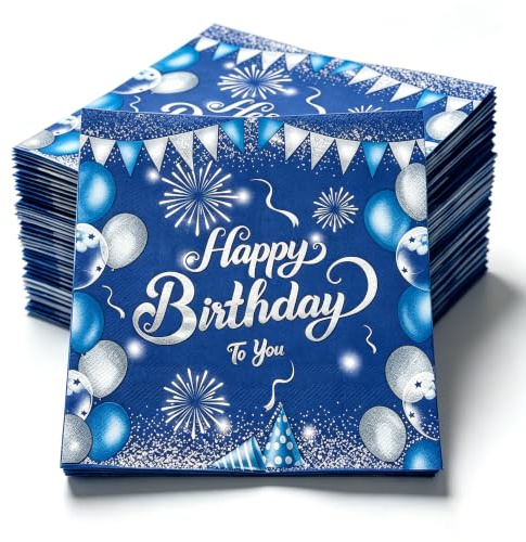 Senken Blue Birthday Napkins, 2-Ply Disposable Paper Party Serviettes | Blue birthday decor for all parties, disposable absorbent paper serviettes, elegant table decor for warm birthday vibes