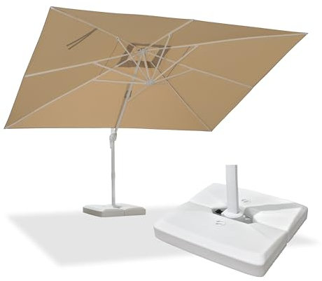 PURPLE LEAF Ampelschirm Rechteckig 300 x 400 cm Sonnenschirm groß mit Kurbel Aluminium Gestell in Weiß 360° Drehbar, für Garten Terrasse, Sonnenschutz, Beige