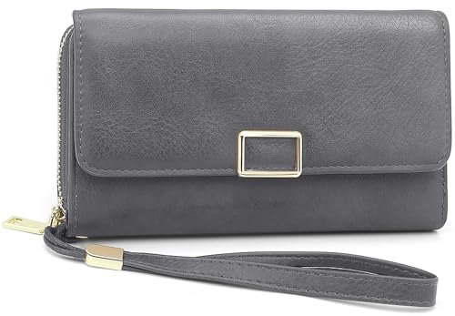 YERUUE Geldbörse Damen Gross aus PU Leder Geldbeutel Damen Groß mit RFID Schutz Lang Portemonnaie Frauen mit 18 Kartenfächern und abnehmbare Geldbörsen Armband (Grau)