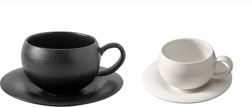 MJLOMJ Tee- und Kaffeetassen-Set aus mattem Keramik, 300 ml, 2-teilig, Cappuccino/Latte-Tassen mit Untertassen, Barista-Stil, Espresso-Set für Zuhause, Café (mattes Finish) (weiß + schwarz)