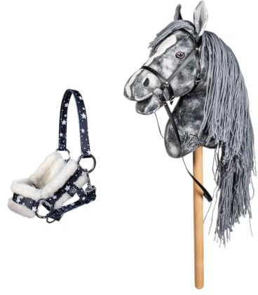 Generisch Hobby Horse Clara Grau, Steckenpferd mit Abnehmbarer Trense + Halfter Stars, Navy mit Sternen von HKM als Bundle NEU