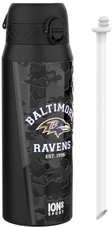 Ion8 NFL Ravens Borraccia Termica con Cannuccia Rimovibile, 750ml/24oz, a Prova di Perdite, Facile da Aprire, Serratura Sicura, Lavabile in Lavastoviglie, Maniglia per il Trasporto, Facile Pulizia
