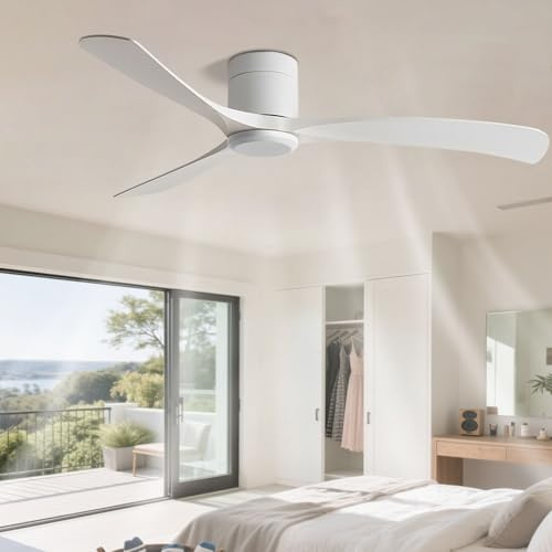 IBalody Flush Mount 38in Ceiling Fan No Light Modern Quiet White Ceiling Fans with Remote Control 6 Speeds Low Profile Ceiling Fan Without Light 3 Blades for Bedroom Living Room Restaurant Indoor