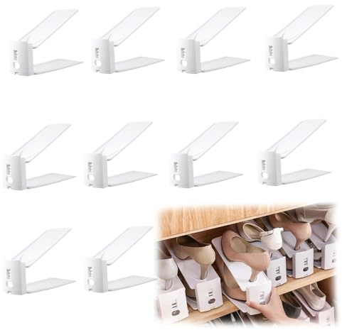 Roysmart 10 Stück Einstellbare Schuhstapler, Schuhstapler Platzsparend, 3-Lagig Einstellbar Schuhe Stapeln, rutschfest Shoe Organizer, Schuhregal für Aufbewahrung Schuhe High Heels Hausschuhe (Weiß)