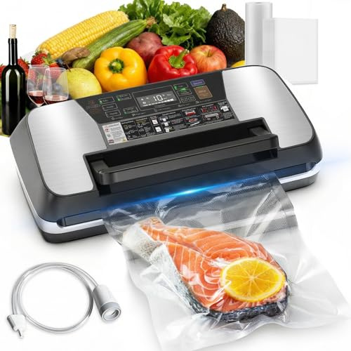 Commercial 95KPa Powerful Vacuum Sealer Machine, 12-in-1 Food Sealer with Double Heat Seal, Built-in Cutter & Storage, LED Display, 1 Bag Roll, 10 Pre-cut Bags & Hose, Preserve Food 10x Fresh Longer