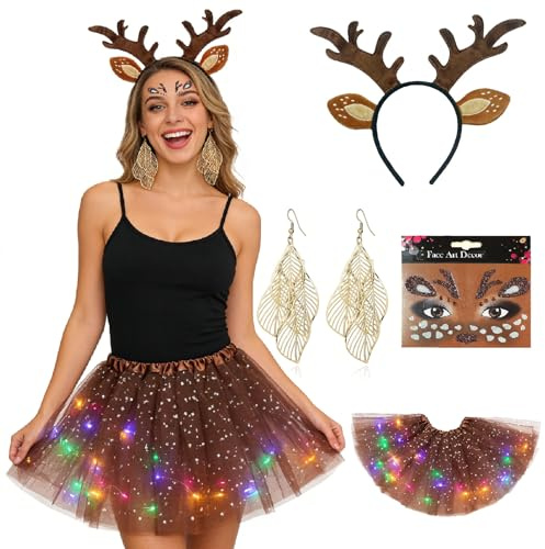 Herbst Reh Kostüm Damen, Rentier Haarreif, LED tüllrock Reh, Gesichtstattoo, Ohrringe Tierkostüme für Erwachsene, Rentier Kostüm Set für Karneval Weihnachten Halloween Cosplay Faschings