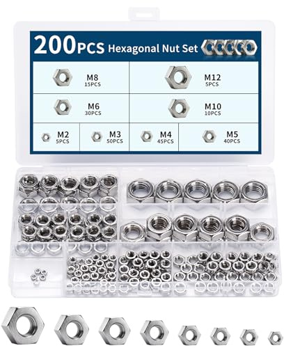 200 Pcs Tuercas Hexagonales Autoblocantes Acero Inoxidable Plateado | tuercas de seguridad para tornillos, 8 tamaños M2, M3, M4, M5, M6, M8, M10 y M12, para montaje, reparación y bricolaje